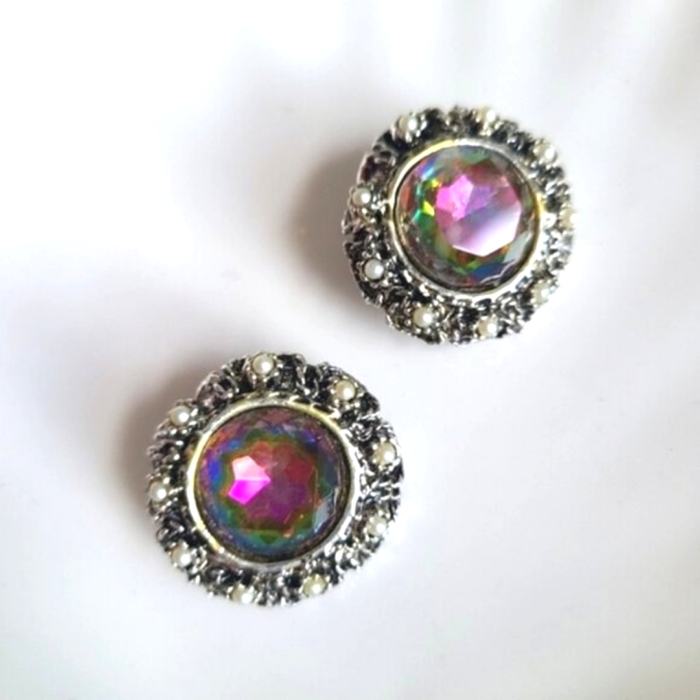 Vintage 50s 60s Chunky Round Silver Pearl Mystic Topaz Crystal Clip On Earrings